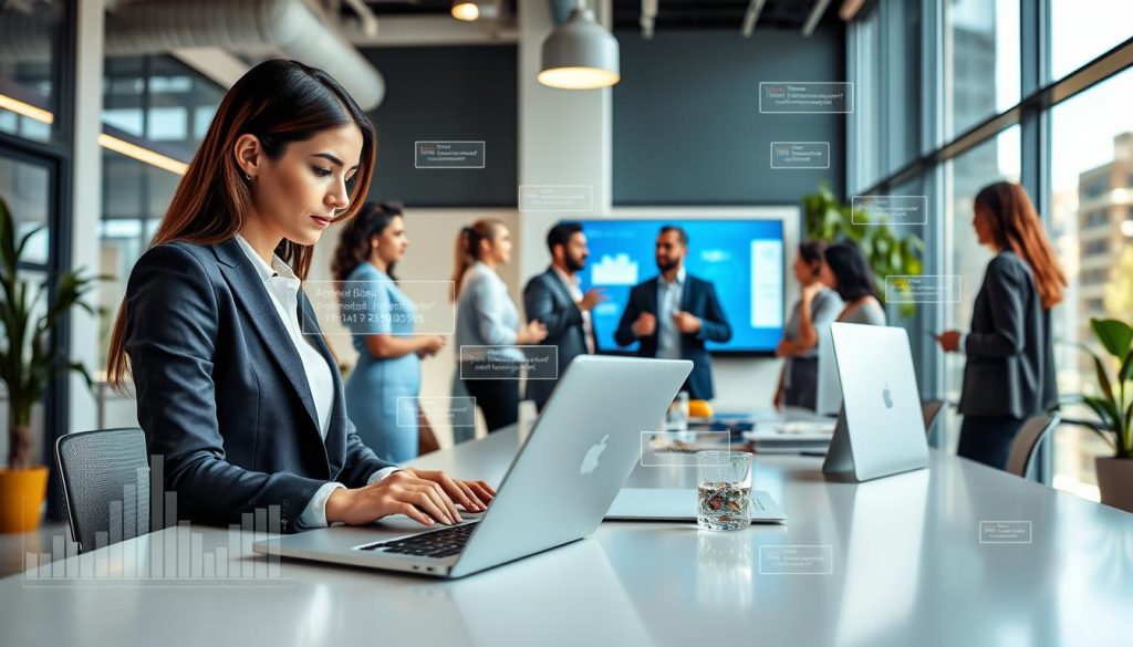 A vibrant office environment showcasing diverse professionals engaged in various automated email responses across departments. In the foreground, a businesswoman in professional attire types on a sleek laptop, with glowing graphs and charts reflecting the efficiency of automation. In the middle, a collaborative team meeting includes a man presenting on a digital screen, illustrating successful automated responses in marketing, HR, and customer service. The background features a bright, open workspace with large windows allowing natural light to flood in, enhancing the productive atmosphere. The overall mood is dynamic and innovative, emphasizing teamwork and technological advancement, captured from a slightly elevated angle to provide depth.