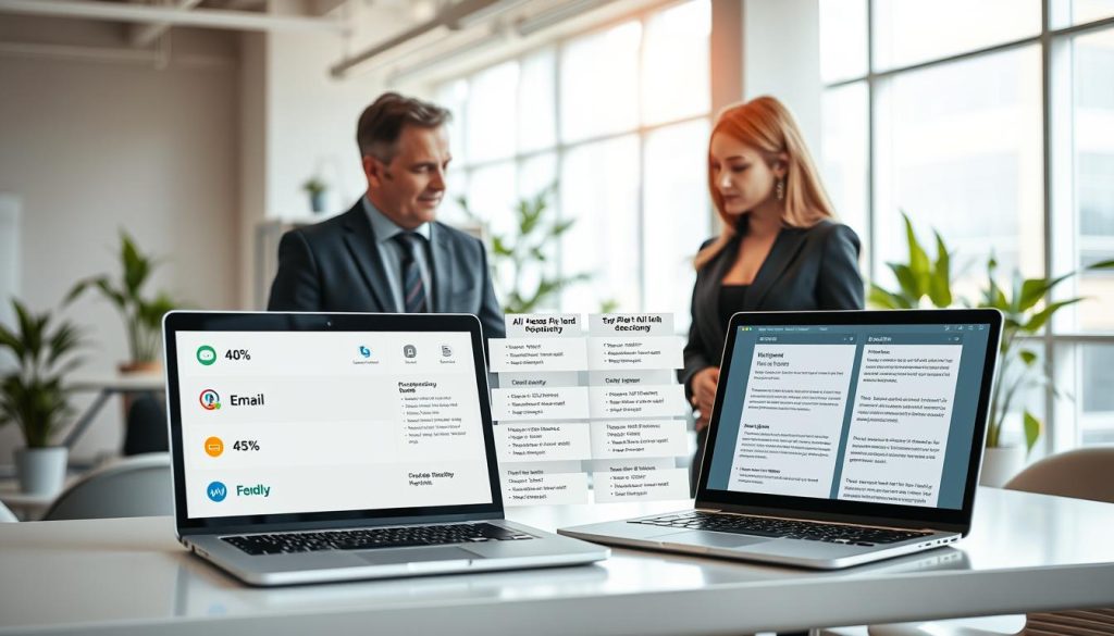 A visually engaging comparison chart illustrating popular AI email tools for writing emails, placed on a sleek modern office desk. In the foreground, a laptop screen shows a side-by-side evaluation of various tools with icons and statistics, complemented by realistic email drafts. In the middle, two professionals, a man and a woman, both dressed in smart business attire, analyze the tools while discussing their features. The background features a bright, airy office space with light streaming through large windows, plants for a fresh touch, and a minimalist decor with a hint of tech ambiance. Use soft, natural lighting to create an inviting atmosphere, capturing a moment of innovation and teamwork. A visually engaging comparison chart illustrating popular AI email tools for writing emails, placed on a sleek modern office desk. In the foreground, a laptop screen shows a side-by-side evaluation of various tools with icons and statistics, complemented by realistic email drafts. In the middle, two professionals, a man and a woman, both dressed in smart business attire, analyze the tools while discussing their features. The background features a bright, airy office space with light streaming through large windows, plants for a fresh touch, and a minimalist decor with a hint of tech ambiance. Use soft, natural lighting to create an inviting atmosphere, capturing a moment of innovation and teamwork.