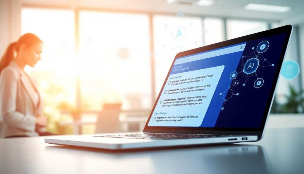 A visually engaging illustration depicting "Natural Language Processing Email Technology." In the foreground, a sleek, modern laptop sits open, displaying an email interface with AI-generated suggestions highlighted in soft blue. To the left, a professional figure in business attire, a woman, is intently reviewing the screen, embodying focus and innovation. In the middle ground, digital representations of neural networks and data flow diagrams subtly arise, conveying the complexity of NLP and AI functionalities. The background features a soft-focus, brightly lit office environment, with a large window letting in natural light, creating an inspiring and productive atmosphere. The image should have a crisp, high-tech feel, evoking a sense of advanced technology and efficiency in communication.