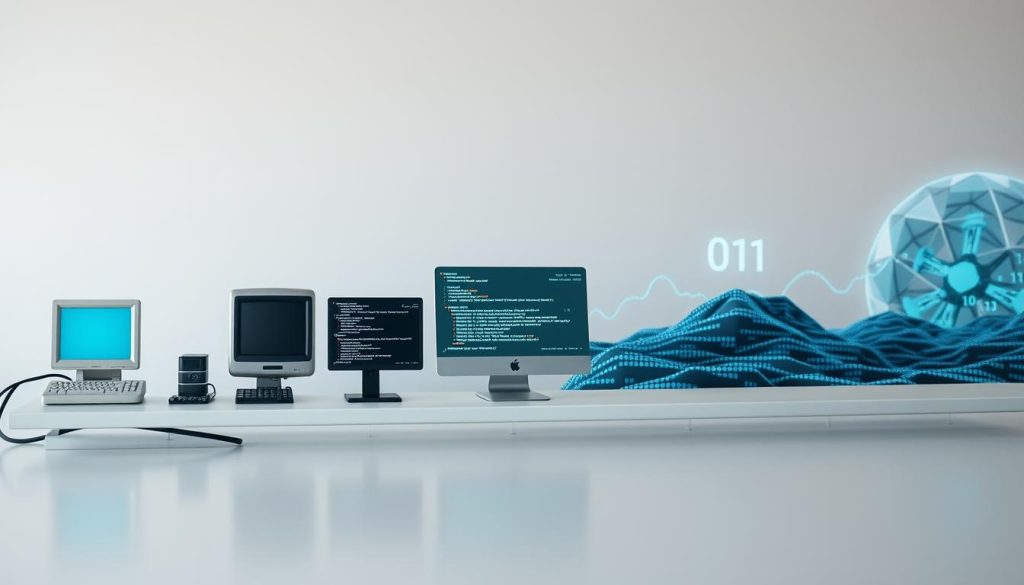 A visually engaging timeline illustrating the evolution of AI language models, starting with early models like Rule-Based Systems in the foreground, progressing to Modern AI, like Transformers and GPT-3 in the middle, and futuristic concepts of AI language technology in the background. The foreground features stylized representations of each model, such as old computers and code snippets, while the middle showcases a sleek, modern interface with flowing data lines. The background transitions to abstract, digital landscapes filled with binary code and neural networks. Use soft, ambient lighting to create a professional and informative atmosphere, with a focus on clarity and detail. Capture the essence of technological advancement with a slight futuristic tint, emphasizing the continuous progression and impact of AI on language processing. A visually engaging timeline illustrating the evolution of AI language models, starting with early models like Rule-Based Systems in the foreground, progressing to Modern AI, like Transformers and GPT-3 in the middle, and futuristic concepts of AI language technology in the background. The foreground features stylized representations of each model, such as old computers and code snippets, while the middle showcases a sleek, modern interface with flowing data lines. The background transitions to abstract, digital landscapes filled with binary code and neural networks. Use soft, ambient lighting to create a professional and informative atmosphere, with a focus on clarity and detail. Capture the essence of technological advancement with a slight futuristic tint, emphasizing the continuous progression and impact of AI on language processing.