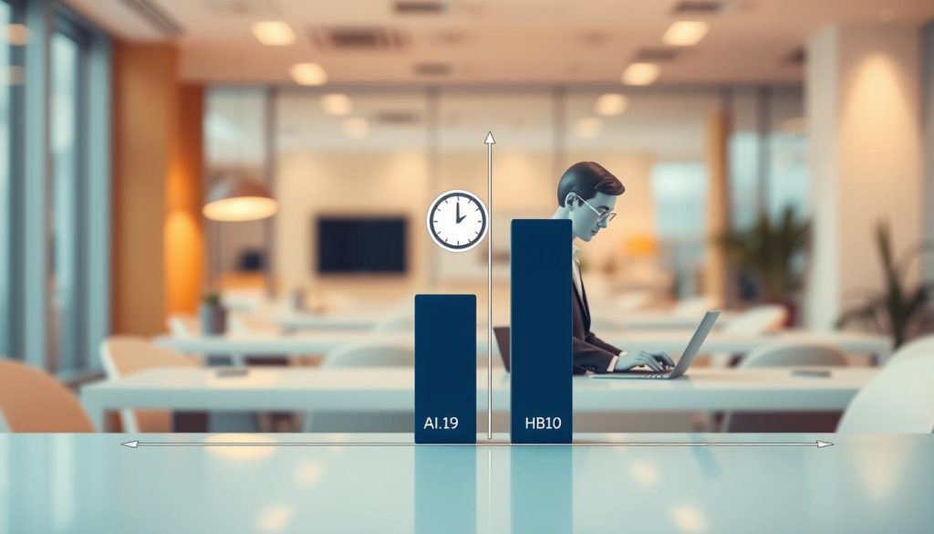 A visually striking comparison chart illustrating the speed of AI email writing versus human capabilities. In the foreground, a sleek, modern bar graph showcasing two distinct bars, one representing AI and the other representing humans, each with corresponding speed metrics. The middle section shows a digital clock icon next to the AI bar, emphasizing rapid speed, while a human figure in professional attire, typing, symbolizes human effort beside the other bar. The background features a softly blurred office environment, hinting at a professional atmosphere with clear lighting to enhance clarity and focus on the chart. Use a wide-angle lens perspective, with warm, inviting tones to evoke a sense of productivity and innovation. A visually striking comparison chart illustrating the speed of AI email writing versus human capabilities. In the foreground, a sleek, modern bar graph showcasing two distinct bars, one representing AI and the other representing humans, each with corresponding speed metrics. The middle section shows a digital clock icon next to the AI bar, emphasizing rapid speed, while a human figure in professional attire, typing, symbolizes human effort beside the other bar. The background features a softly blurred office environment, hinting at a professional atmosphere with clear lighting to enhance clarity and focus on the chart. Use a wide-angle lens perspective, with warm, inviting tones to evoke a sense of productivity and innovation.