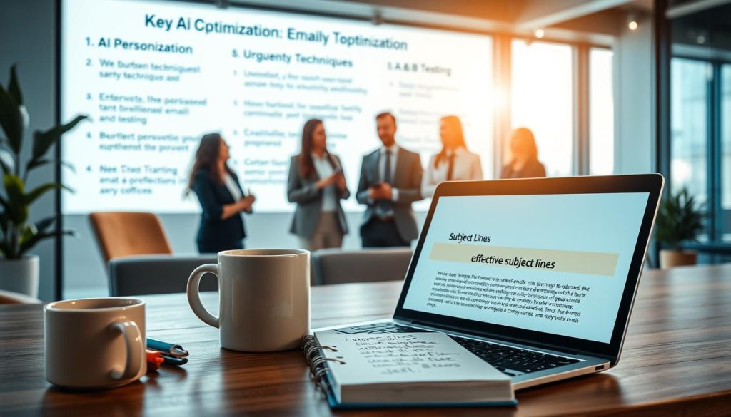 A visually striking workspace featuring a laptop open to an email composition with a highlighted subject line area. In the foreground, a notebook with handwritten notes on effective subject lines sits beside a coffee cup. In the middle, a diverse team of professionals in business attire discusses ideas enthusiastically, with a digital display board showcasing key AI techniques for email optimization, like personalization, urgency techniques, and A/B testing. The background displays a modern office environment with soft, natural lighting streaming through large windows, casting a warm glow that creates a productive atmosphere. The camera angle is slightly elevated, allowing viewers to capture the collaboration and focus of the team as they brainstorm innovative strategies, conveying a mood of creativity and efficiency.