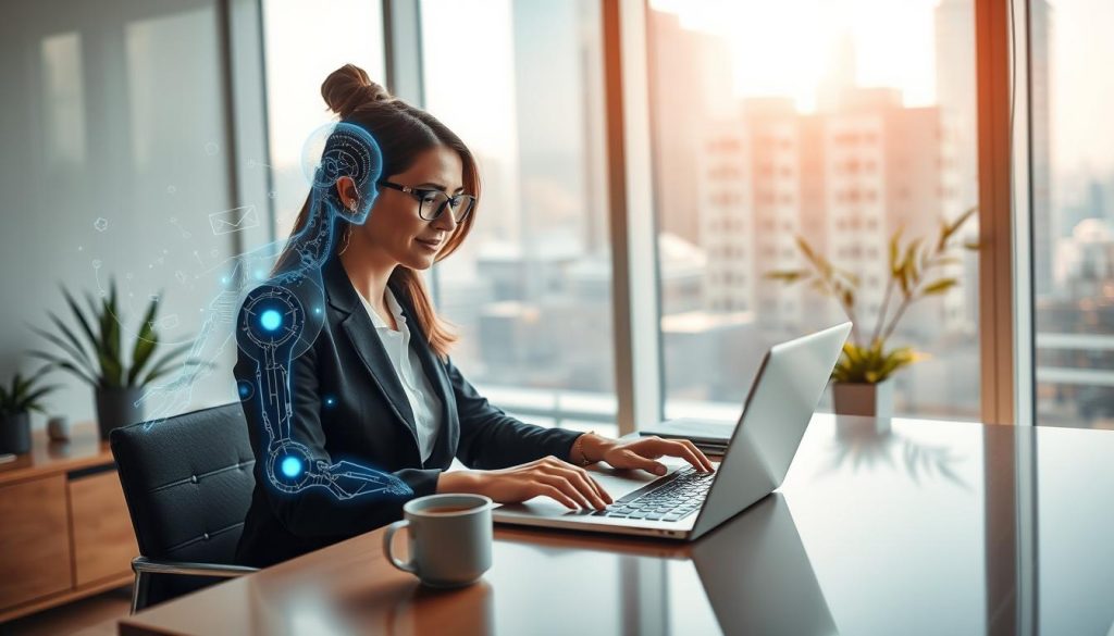 A warm, collaborative scene showcasing a human and an AI represented by a futuristic holographic figure engaged in email writing. In the foreground, a professionally dressed woman sitting at a sleek, modern desk, typing on a laptop with a focused expression. The AI figure, glowing and ethereal, hovers beside her, with visible data streams and digital elements surrounding it, symbolizing knowledge and support. In the middle, a softly lit office environment featuring plants and a coffee mug lends a welcoming atmosphere. In the background, large windows let light flood in, with a cityscape view that promotes a sense of innovation and progress. The mood is optimistic and harmonious, highlighting the synergy between human creativity and AI technology. A warm, collaborative scene showcasing a human and an AI represented by a futuristic holographic figure engaged in email writing. In the foreground, a professionally dressed woman sitting at a sleek, modern desk, typing on a laptop with a focused expression. The AI figure, glowing and ethereal, hovers beside her, with visible data streams and digital elements surrounding it, symbolizing knowledge and support. In the middle, a softly lit office environment featuring plants and a coffee mug lends a welcoming atmosphere. In the background, large windows let light flood in, with a cityscape view that promotes a sense of innovation and progress. The mood is optimistic and harmonious, highlighting the synergy between human creativity and AI technology.
