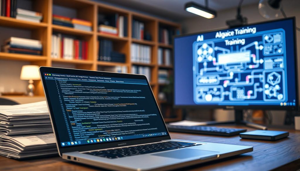 A workspace scene showcasing a modern office environment focused on fine-tuning language models for email training datasets. In the foreground, a sleek laptop open to a code editor displaying lines of email scripts and language model configurations. To the side, a stack of printed emails with annotations. The middle ground features a large digital screen unlocking a visualization of data flow, illustrating training processes with abstract graphs and figures. In the background, shelves lined with books on AI and machine learning. Soft ambient lighting creates a professional atmosphere, while a slight depth of field focuses on the laptop and screen. The scene conveys a sense of innovation and focus in the realm of AI development.