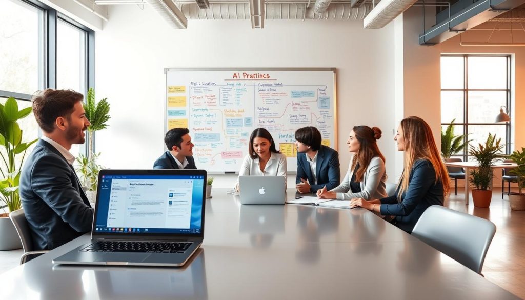 An office environment showcasing best practices for AI email communication. In the foreground, a diverse group of professionals in business attire are collaborating at a sleek table, discussing strategies with a laptop open displaying an AI interface. The middle ground features a large whiteboard filled with colorful, organized notes and flowcharts about AI communication tips. In the background, bright natural light filters through large windows, illuminating a modern workspace with plants and minimalist decor. The mood is productive and innovative, inspiring collaboration and forward-thinking. Use a wide-angle lens effect to capture the dynamic atmosphere, with a warm color palette highlighting the professionalism and creativity of the setting.