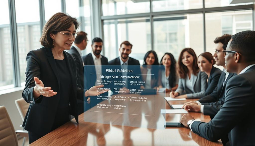 In a modern office setting, a diverse group of professionals is engaged in a collaborative discussion around a large conference table. In the foreground, a middle-aged woman in smart business attire is gesturing towards a holographic display of ethical guidelines concerning AI in communication. The middle ground features a young man taking notes, while a diverse group of colleagues, including an Asian woman and a Black man, listen intently, all dressed in professional attire. The background shows large windows with a bright, natural daylight illuminating the room. The atmosphere is one of openness and engagement, emphasizing the importance of ethics in the evolving landscape of AI communication. The camera angle captures the diverse interaction, focusing on expressions of curiosity and contemplation.