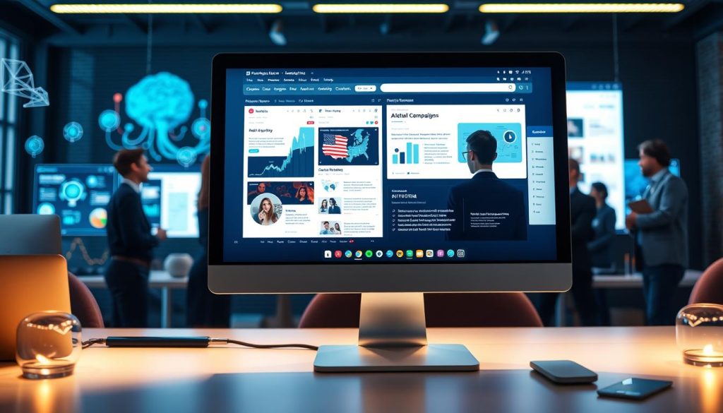 A bustling digital workspace scene focused on a computer screen displaying a personalized email campaign, enriched with elements symbolizing AI targeting customer behavior. In the foreground, the sleek monitor is illuminated, showing analytical graphics, customer profiles, and personalized email templates. The middle ground features a diverse group of professionals, dressed in business attire, engaged in a dynamic discussion about email marketing strategies, surrounded by charts and graphs on virtual boards. In the background, soft-focus images of data clouds and neural networks subtly suggest the AI technology at work. The lighting is bright yet warm, creating an inviting atmosphere, emphasizing innovation and collaboration in AI email marketing. Capture the essence of modern marketing with a focus on technology and teamwork.