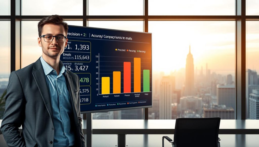 A conceptual illustration of measuring the accuracy of AI email generators. In the foreground, a professional-looking analyst in business attire stands next to a large digital screen displaying various metrics and charts, such as precision, recall, and F1 score. The middle layer features a colorful bar graph illustrating comparison results between different AI systems. The background includes a sleek, modern office environment with large windows showcasing a city skyline, bathed in soft afternoon light. The overall atmosphere is analytical and innovative, embodying a sense of advanced technology and data-driven insights, emphasizing the importance of accuracy evaluation in AI-generated emails.