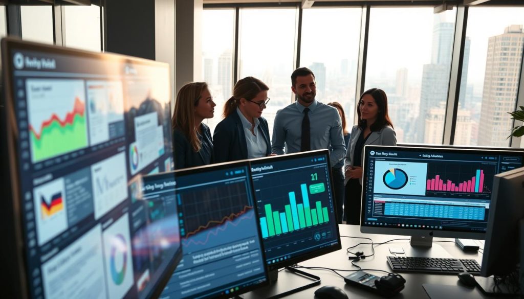 A detailed digital dashboard showcasing an automated email creation system, set in a modern office environment. In the foreground, sleek computer screens display various graphs and metrics related to email performance, user engagement, and AI-generated email drafts, with vibrant colors illuminating the interface. In the middle, a diverse group of professionals in business attire are analyzing the dashboard, their faces reflecting curiosity and engagement. In the background, large windows offer a view of a bustling cityscape bathed in natural light, creating a productive and innovative atmosphere. The scene captures a sense of collaboration and forward-thinking technology, with soft, ambient lighting enhancing the modern aesthetic. The angle is slightly elevated, giving an overview of the workspace and emphasizing the integration of AI in daily operations.