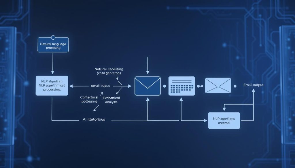 A detailed workflow diagram illustrating the natural language processing (NLP) mechanism behind AI email generation. In the foreground, show interconnected nodes representing various steps: input prompts, NLP algorithm processing, contextual analysis, and email output. In the middle layer, include technical elements like flow arrows, feedback loops, and data pipelines that visualize the iterative nature of email generation. The background should feature subtle tech-themed graphics, such as digital grids or abstract circuit patterns, to enhance the technological atmosphere. The lighting is soft but focused on the diagram’s elements, creating a professional and engaging ambiance. The image should be clear, informative, and devoid of text overlays or other distractions.