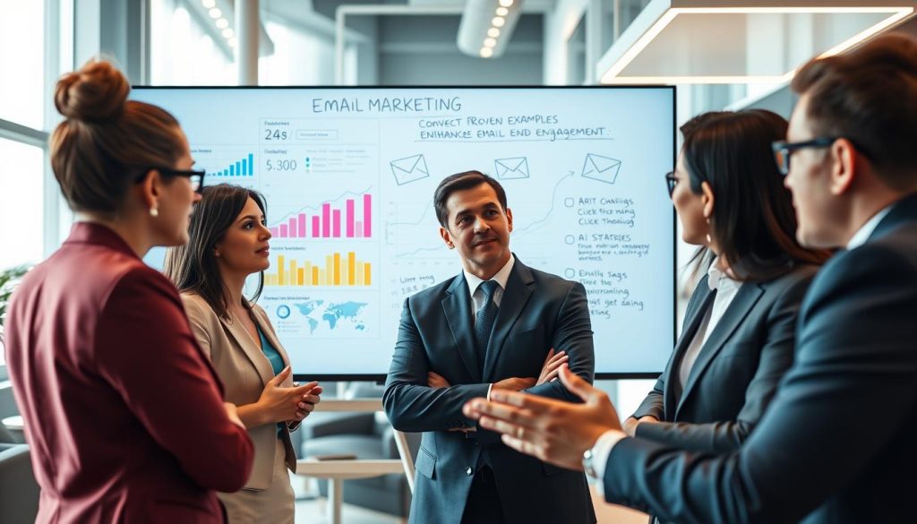A digital workspace environment showcasing a professional team analyzing email marketing metrics. In the foreground, a diverse group of three business professionals, a woman and two men, dressed in business attire, are engaged in deep discussion around a large screen displaying colorful graphs and statistics related to email click-through rates. In the middle ground, a whiteboard features sketches of AI strategies and proven examples enhancing email engagement. The background includes modern office elements with bright lighting and sleek furniture, giving a sense of innovation and teamwork. A hopeful and productive atmosphere permeates the scene, with soft, warm lighting highlighting the team's focus on their goal. The perspective is slightly angled, capturing the excitement of collaboration in a vibrant and forward-thinking work environment.