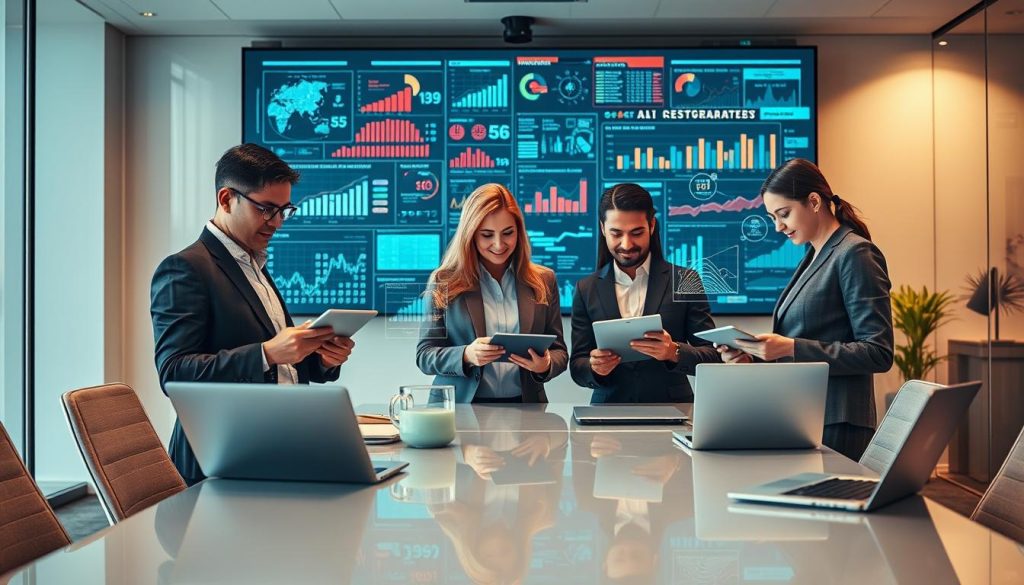 A dynamic and informative scene depicting AI-driven data analysis methods for customer segmentation in a modern office environment. In the foreground, a diverse group of three professionals, dressed in business attire, collaborate over digital tablets and laptops, showcasing visual data charts and graphs. In the middle ground, holographic data visualizations float above a sleek conference table, illustrating customer demographics, behavior patterns, and AI algorithms. The background features a large screen displaying complex data analytics and bright, colorful graphics. Bright, warm lighting floods the scene, creating an engaging and innovative atmosphere. The angle should be slightly above eye-level to capture the collaboration and technology seamlessly, emphasizing the advanced methods AI employs in understanding customer segments. A dynamic and informative scene depicting AI-driven data analysis methods for customer segmentation in a modern office environment. In the foreground, a diverse group of three professionals, dressed in business attire, collaborate over digital tablets and laptops, showcasing visual data charts and graphs. In the middle ground, holographic data visualizations float above a sleek conference table, illustrating customer demographics, behavior patterns, and AI algorithms. The background features a large screen displaying complex data analytics and bright, colorful graphics. Bright, warm lighting floods the scene, creating an engaging and innovative atmosphere. The angle should be slightly above eye-level to capture the collaboration and technology seamlessly, emphasizing the advanced methods AI employs in understanding customer segments.