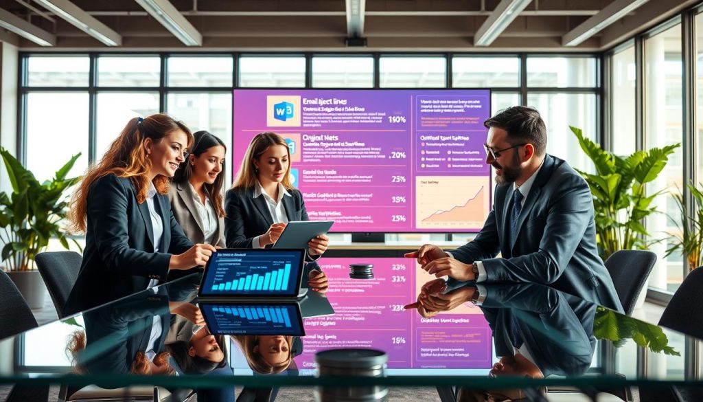 A dynamic office scene illustrating AI email subject line optimization strategies. In the foreground, a diverse group of three professionals (two women and one man) in smart business attire, collaboratively discussing email strategies around a modern glass conference table. They are focused on a digital tablet displaying graphs and icons related to email performance. In the middle ground, a large screen showcases vibrant visuals of optimized email subject lines and metrics. The background features a contemporary office with green plants, large windows allowing soft natural light to illuminate the space, and a futuristic design. The mood is energetic and innovative, reflecting collaboration and creativity in the context of AI-driven solutions. A dynamic office scene illustrating AI email subject line optimization strategies. In the foreground, a diverse group of three professionals (two women and one man) in smart business attire, collaboratively discussing email strategies around a modern glass conference table. They are focused on a digital tablet displaying graphs and icons related to email performance. In the middle ground, a large screen showcases vibrant visuals of optimized email subject lines and metrics. The background features a contemporary office with green plants, large windows allowing soft natural light to illuminate the space, and a futuristic design. The mood is energetic and innovative, reflecting collaboration and creativity in the context of AI-driven solutions.