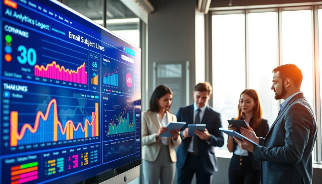 A futuristic AI analytics dashboard focused on optimizing email subject lines, displayed prominently in the foreground. The dashboard features vibrant graphs, data analytics, and bright color-coded metrics that convey engagement levels. In the middle ground, a diverse group of professionals, dressed in business attire, intently analyzing the data, taking notes on digital tablets. The background showcases a sleek modern office space with large windows revealing a city skyline, bathed in soft, natural light. A calm and focused atmosphere permeates the scene, emphasizing collaboration and innovation in the realm of email marketing. The lens captures a slightly angled view to highlight both the dashboard and the engaged professionals, creating a dynamic and inspiring visual composition. A futuristic AI analytics dashboard focused on optimizing email subject lines, displayed prominently in the foreground. The dashboard features vibrant graphs, data analytics, and bright color-coded metrics that convey engagement levels. In the middle ground, a diverse group of professionals, dressed in business attire, intently analyzing the data, taking notes on digital tablets. The background showcases a sleek modern office space with large windows revealing a city skyline, bathed in soft, natural light. A calm and focused atmosphere permeates the scene, emphasizing collaboration and innovation in the realm of email marketing. The lens captures a slightly angled view to highlight both the dashboard and the engaged professionals, creating a dynamic and inspiring visual composition.