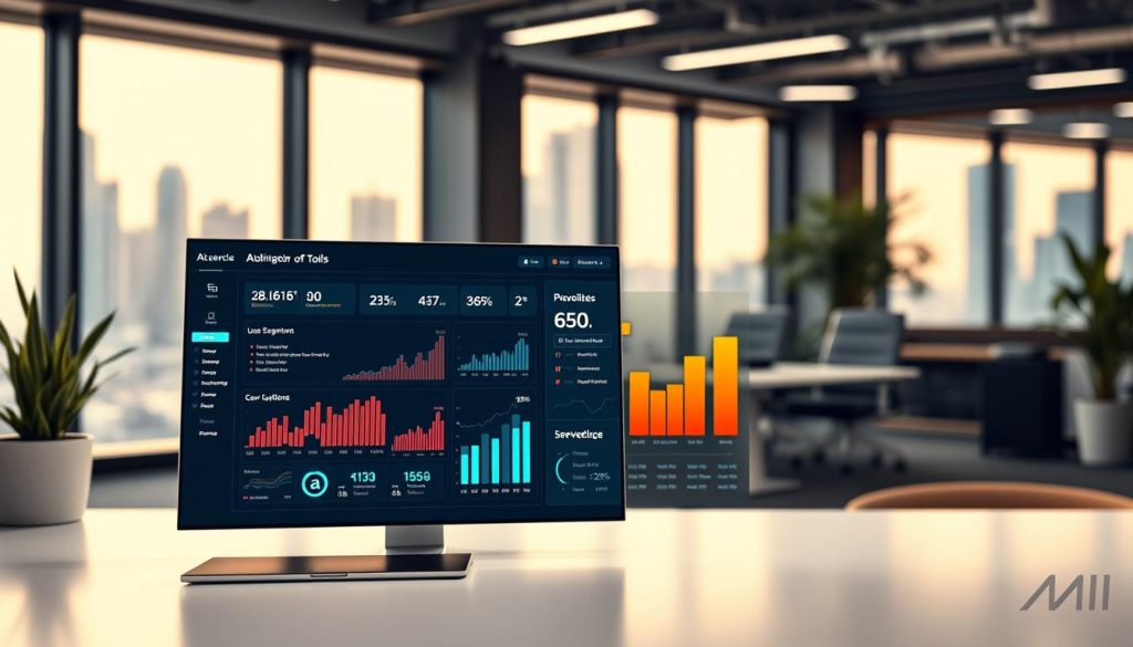 A futuristic AI-driven email campaigns dashboard displayed prominently in the foreground, featuring sleek, interactive elements highlighting personalization tools. The dashboard shows vibrant graphs, user segmentation options, and dynamic analytics visualizations, designed with a clean, modern interface. In the middle ground, a professional business environment with soft-focus office decor, including a stylish desk, laptop, and potted plants, creating a productive atmosphere. The background features a large window with a city skyline view, letting in warm, natural light that enhances the high-tech feel. The overall mood is innovative and optimistic, suggesting a seamless integration of AI technology in email marketing, conveying a sense of advancement and professionalism. The image captures the essence of AI personalization tools, emphasizing clarity and usability.