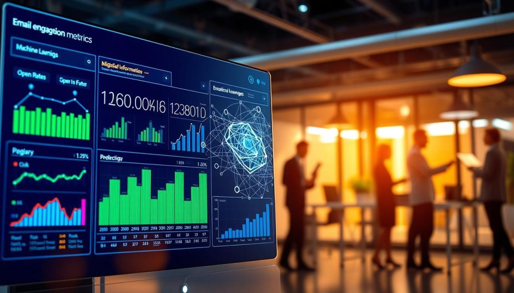 A futuristic dashboard displaying AI-predicted email engagement metrics, featuring a sleek, high-tech interface with various colorful graphs and charts. In the foreground, a glowing digital screen vividly displays key performance indicators such as open rates, click-through rates, and subscriber growth trends, illuminated by soft blue and green lights. The middle layer presents abstract visualizations of machine learning processes, depicted as intricate network patterns and data flows, enhancing the technological theme. In the background, a modern office setting with blurred silhouettes of business professionals in professional attire, working collaboratively on email strategies, conveying a sense of innovation and teamwork. The atmosphere is dynamic and inspiring, with a focus on the power of AI in digital marketing. The lighting is vibrant yet balanced, creating an engaging and optimistic mood. A futuristic dashboard displaying AI-predicted email engagement metrics, featuring a sleek, high-tech interface with various colorful graphs and charts. In the foreground, a glowing digital screen vividly displays key performance indicators such as open rates, click-through rates, and subscriber growth trends, illuminated by soft blue and green lights. The middle layer presents abstract visualizations of machine learning processes, depicted as intricate network patterns and data flows, enhancing the technological theme. In the background, a modern office setting with blurred silhouettes of business professionals in professional attire, working collaboratively on email strategies, conveying a sense of innovation and teamwork. The atmosphere is dynamic and inspiring, with a focus on the power of AI in digital marketing. The lighting is vibrant yet balanced, creating an engaging and optimistic mood.