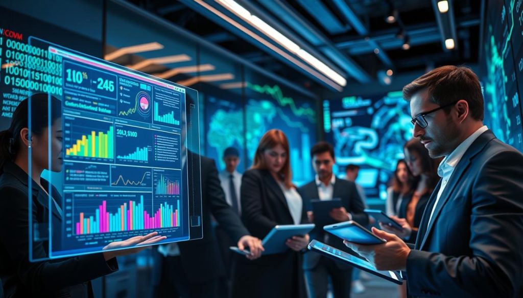 A futuristic office environment featuring advanced AI algorithms in action. In the foreground, a holographic interface displays colorful graphs and metrics, representing customer data being processed. The middle ground showcases diverse professionals in business attire, intensely analyzing the data on their digital devices, with focused expressions. In the background, large screens exhibit flowing streams of binary code and neural network diagrams, illuminated by soft blue and green ambient lighting. The atmosphere radiates innovation and high-tech sophistication, captured with a shallow depth of field, emphasizing the central activity. The scene is slightly angled from above, providing a dynamic perspective on the interaction between AI and human intelligence in an engaged, collaborative setting. A futuristic office environment featuring advanced AI algorithms in action. In the foreground, a holographic interface displays colorful graphs and metrics, representing customer data being processed. The middle ground showcases diverse professionals in business attire, intensely analyzing the data on their digital devices, with focused expressions. In the background, large screens exhibit flowing streams of binary code and neural network diagrams, illuminated by soft blue and green ambient lighting. The atmosphere radiates innovation and high-tech sophistication, captured with a shallow depth of field, emphasizing the central activity. The scene is slightly angled from above, providing a dynamic perspective on the interaction between AI and human intelligence in an engaged, collaborative setting.