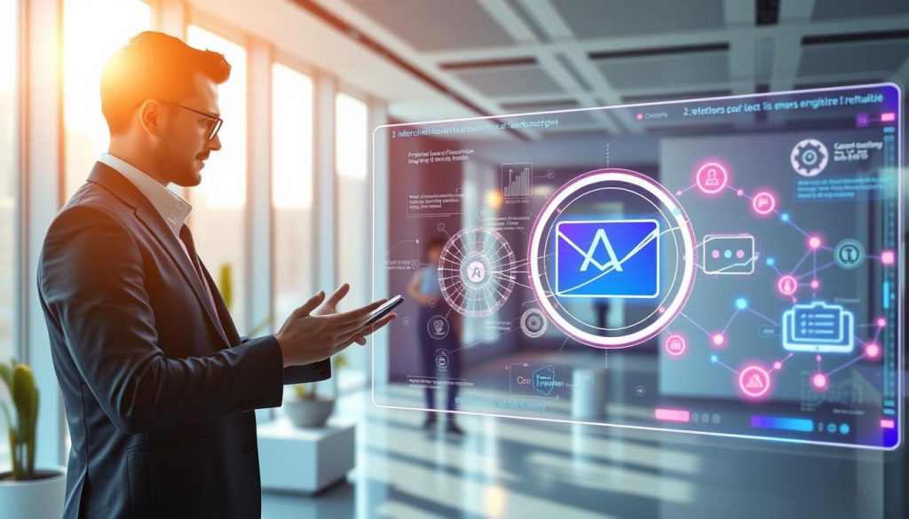 A futuristic office environment focused on AI email systems, featuring a digital feedback loop visualization in vibrant colors. In the foreground, a professional businessperson in smart attire interacts with an advanced holographic display showing the optimization process and data flow of AI algorithms. The middle ground includes abstract representations of data, such as swirling graphs and glowing nodes symbolizing feedback connections. The background showcases a sleek, modern office with floor-to-ceiling windows, allowing natural light to flood in and cast soft shadows. The overall mood is innovative and optimistic, conveying the dynamic nature of AI development. The lighting is bright and engaging, with a warm color palette to enhance the futuristic atmosphere.