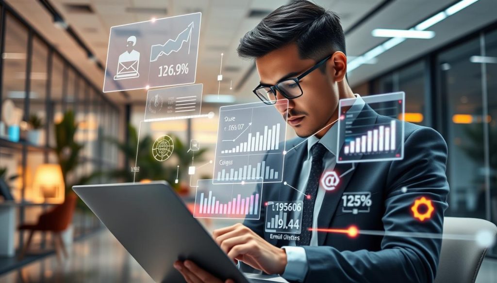 A futuristic office environment illustrating machine learning algorithms for email campaigns. In the foreground, a professional person in business attire, focused on analyzing data from a sleek laptop, surrounded by glowing visualizations of user interactions and personalization metrics. In the middle layer, dynamic graphs and charts hover in the air, displaying complex algorithms and statistics, connected through vibrant lines of digital data flow. The background features a modern workspace with soft ambient lighting, glass walls, and greenery, suggesting a tech-forward atmosphere. The scene conveys innovation and precision, highlighting the impact of AI on email marketing personalization. Use a wide-angle lens to capture the depth of the office while emphasizing the subject's engagement with technology. A futuristic office environment illustrating machine learning algorithms for email campaigns. In the foreground, a professional person in business attire, focused on analyzing data from a sleek laptop, surrounded by glowing visualizations of user interactions and personalization metrics. In the middle layer, dynamic graphs and charts hover in the air, displaying complex algorithms and statistics, connected through vibrant lines of digital data flow. The background features a modern workspace with soft ambient lighting, glass walls, and greenery, suggesting a tech-forward atmosphere. The scene conveys innovation and precision, highlighting the impact of AI on email marketing personalization. Use a wide-angle lens to capture the depth of the office while emphasizing the subject's engagement with technology.