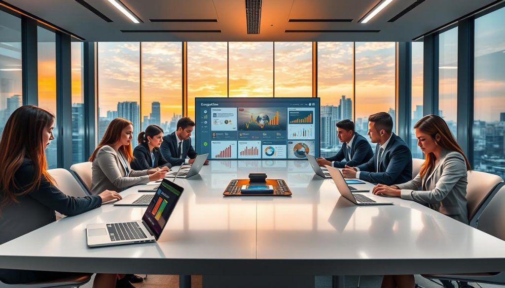 A futuristic office environment showcases the concept of AI-powered engagement optimization for email marketing. In the foreground, a diverse group of professional individuals, wearing smart business attire, are engaged in a brainstorming session around a sleek, modern conference table. Laptops and tablets display data analytics and email design examples. In the middle ground, a large digital screen presents an interactive dashboard illustrating engagement metrics and AI algorithms in action. The background features panoramic windows showing a cityscape at sunset, casting warm, golden light into the room, creating a vibrant and motivated atmosphere. Soft shadows enhance depth, while a wide-angle lens captures the collaborative spirit and innovative essence of AI transforming email marketing strategies. A futuristic office environment showcases the concept of AI-powered engagement optimization for email marketing. In the foreground, a diverse group of professional individuals, wearing smart business attire, are engaged in a brainstorming session around a sleek, modern conference table. Laptops and tablets display data analytics and email design examples. In the middle ground, a large digital screen presents an interactive dashboard illustrating engagement metrics and AI algorithms in action. The background features panoramic windows showing a cityscape at sunset, casting warm, golden light into the room, creating a vibrant and motivated atmosphere. Soft shadows enhance depth, while a wide-angle lens captures the collaborative spirit and innovative essence of AI transforming email marketing strategies.