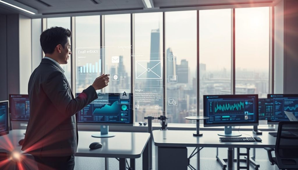 A futuristic office environment showcasing advanced AI email technology. In the foreground, a professional person, dressed in business attire, interacts with a holographic interface displaying email metrics and AI-generated content suggestions. In the middle, sleek workstations equipped with high-tech monitors reveal dynamic visuals of automated email workflows and analytics. The background features a modern city skyline through large glass windows, highlighting innovation and connectivity. Soft, ambient lighting enhances the atmosphere, creating a sense of forward-thinking and professionalism. A lens flare effect adds a touch of dynamism, evoking optimism about the future trends in AI email automation technology.