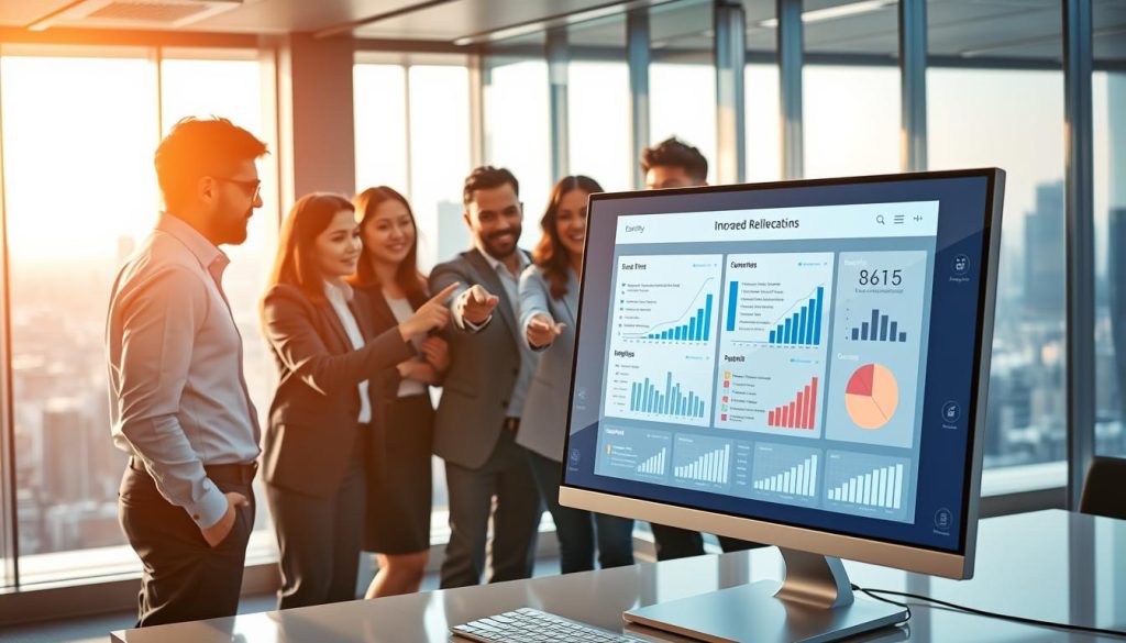 A futuristic office environment showcasing an automated content customization system at work. In the foreground, a sleek computer screen displays a visually engaging interface analyzing email metrics, surrounded by digital charts and graphs indicating improved relevance. In the middle ground, a diverse group of professionals in business attire collaborates, pointing at the screen with expressions of interest and enthusiasm. The background features glass walls with a panoramic city view, bathed in soft, natural light filtering through, creating a warm and inviting atmosphere. The overall mood is one of innovation and teamwork, highlighting the impact of AI on email marketing effectiveness. Use a wide-angle lens to capture the collaborative energy and dynamic workspace.