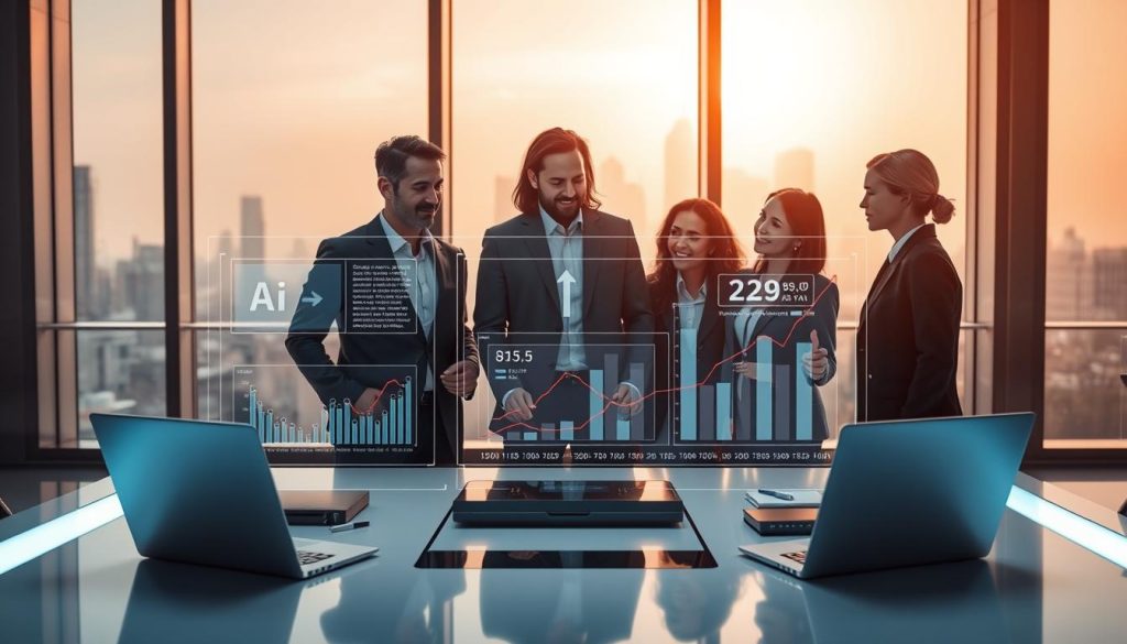 A futuristic office environment showcasing machine learning techniques for email personalization. In the foreground, a diverse group of three professionals in business attire is engaged in a collaborative discussion over a holographic interface displaying personalized email data analysis with dynamic graphs and charts. The middle ground features a sleek, modern desk with digital devices and open laptops, emphasizing technology and innovation. The background includes large windows revealing a city skyline bathed in natural light, creating an optimistic atmosphere. Soft, diffused lighting highlights the technological aspects, while a warm color palette conveys a sense of creativity and collaboration, making it ideal for illustrating AI's role in personalized communication.
