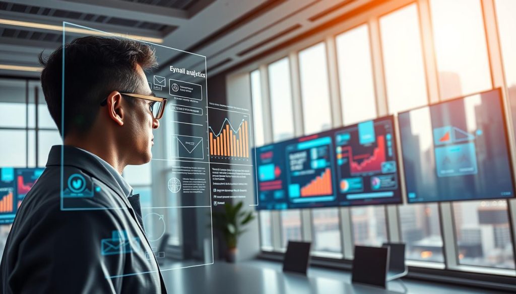 A futuristic office setting representing AI email optimization technologies. In the foreground, a professional individual in business attire is intently observing a holographic interface displaying dynamic email analytics and optimization tools. In the middle ground, sleek digital screens exhibit colorful, engaging graphics illustrating various email marketing metrics and AI-driven algorithms. In the background, a modern office space with large windows showcases a vibrant city skyline, bathed in soft, natural light, enhancing the atmosphere of innovation and progress. The scene is captured with a slight low-angle perspective to convey a sense of advancement and future potential, evoking a mood of excitement and optimism about the fusion of AI and marketing strategies.
