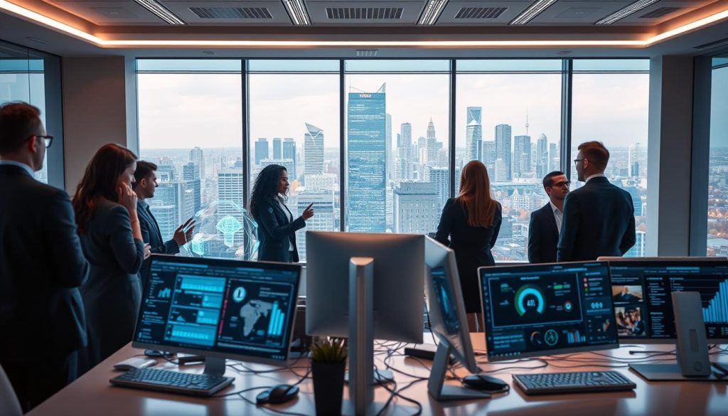 A futuristic office setting showcasing AI marketing technologies transforming digital strategy. In the foreground, a diverse group of professionals in business attire is engaging with holographic displays and digital interfaces, illustrating real-time data analytics and AI algorithms. The middle ground features sleek computers and digital marketing dashboards, all powered by AI, highlighting statistics and interactive content. In the background, large windows reveal a vibrant cityscape, symbolizing growth and innovation. Soft, ambient lighting casts a warm glow over the scene, while a blue hue accentuates the technology theme. The overall mood is dynamic and forward-thinking, reflecting the seamless integration of AI in enhancing digital marketing strategies. A futuristic office setting showcasing AI marketing technologies transforming digital strategy. In the foreground, a diverse group of professionals in business attire is engaging with holographic displays and digital interfaces, illustrating real-time data analytics and AI algorithms. The middle ground features sleek computers and digital marketing dashboards, all powered by AI, highlighting statistics and interactive content. In the background, large windows reveal a vibrant cityscape, symbolizing growth and innovation. Soft, ambient lighting casts a warm glow over the scene, while a blue hue accentuates the technology theme. The overall mood is dynamic and forward-thinking, reflecting the seamless integration of AI in enhancing digital marketing strategies.