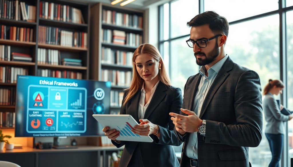 A futuristic office setting showcasing a diverse group of professionals discussing ethical considerations surrounding AI in email marketing. In the foreground, two businesspeople, a woman in a tailored blazer and a man in a smart casual shirt, are analyzing charts on a digital tablet, their expressions thoughtful. The middle layer features a large screen displaying AI algorithms and ethical frameworks, with icons symbolizing data privacy and transparency. In the background, shelves filled with books on marketing ethics and technology create an academic atmosphere. Soft, warm lighting highlights the engaged expressions of the professionals, while a large window lets natural light flood in, evoking an optimistic and serious mood about the future of AI in email optimization.