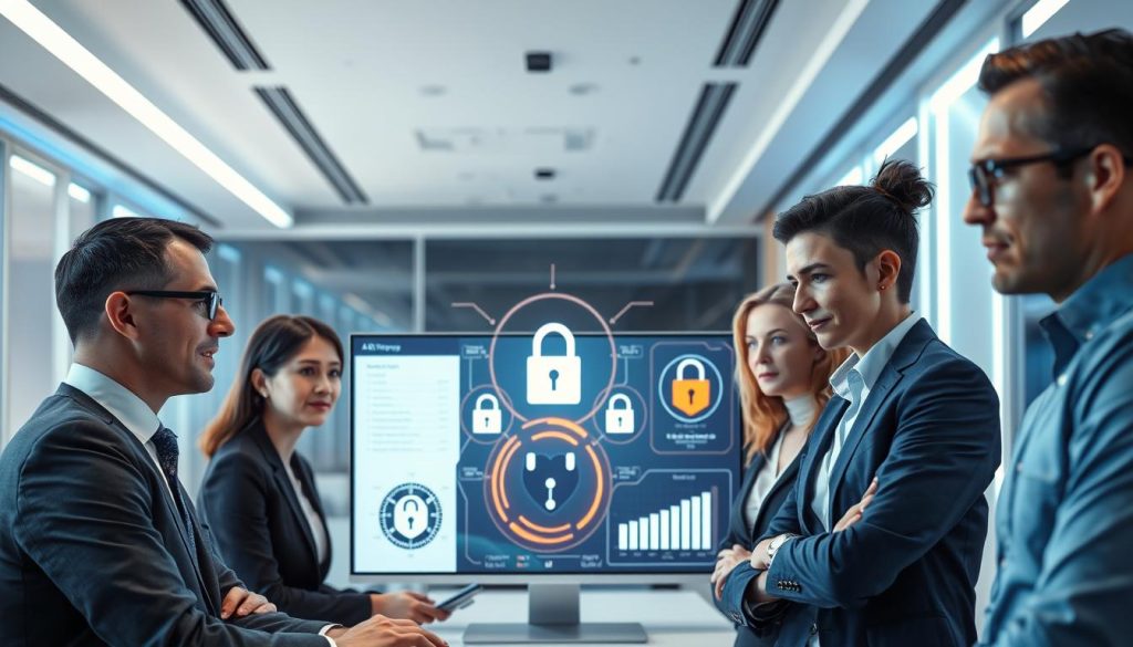 A futuristic office setting where an advanced AI system is analyzing data on a computer screen dedicated to email marketing metrics. In the foreground, a diverse group of professionals in business attire, both men and women, engage in a serious discussion. Their expressions reflect concern and thoughtfulness about privacy and ethical use of AI in marketing. In the middle ground, a large interactive screen displays visual representations of data privacy concepts, like locks and shields, symbolizing protection of personal information. The background features a sleek office environment with soft blue and white lighting, creating a modern, professional atmosphere. The overall mood conveys vigilance and responsibility in the realm of AI-driven email marketing. A futuristic office setting where an advanced AI system is analyzing data on a computer screen dedicated to email marketing metrics. In the foreground, a diverse group of professionals in business attire, both men and women, engage in a serious discussion. Their expressions reflect concern and thoughtfulness about privacy and ethical use of AI in marketing. In the middle ground, a large interactive screen displays visual representations of data privacy concepts, like locks and shields, symbolizing protection of personal information. The background features a sleek office environment with soft blue and white lighting, creating a modern, professional atmosphere. The overall mood conveys vigilance and responsibility in the realm of AI-driven email marketing.