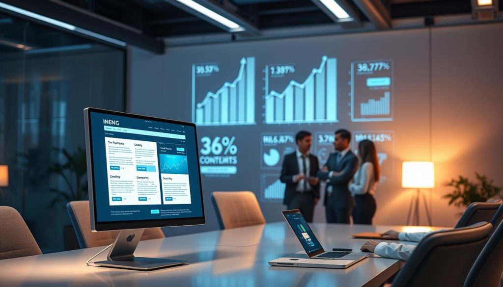 A futuristic office space bathed in soft, ambient lighting, showcasing advanced AI technology in email marketing. In the foreground, a sleek, modern computer screen displays dynamic, personalized email templates being generated by an AI algorithm. The middle ground features a diverse team of professionals in smart business attire, engaged in collaboration and discussion around the screen, focusing on data analytics and trends. The background reveals holographic projections of rising statistics and AI-generated content suggestions, illustrating the growth potential of AI in email marketing. The atmosphere is innovative and optimistic, with a sense of teamwork and cutting-edge technology, captured from a slightly elevated angle for depth. A futuristic office space bathed in soft, ambient lighting, showcasing advanced AI technology in email marketing. In the foreground, a sleek, modern computer screen displays dynamic, personalized email templates being generated by an AI algorithm. The middle ground features a diverse team of professionals in smart business attire, engaged in collaboration and discussion around the screen, focusing on data analytics and trends. The background reveals holographic projections of rising statistics and AI-generated content suggestions, illustrating the growth potential of AI in email marketing. The atmosphere is innovative and optimistic, with a sense of teamwork and cutting-edge technology, captured from a slightly elevated angle for depth.