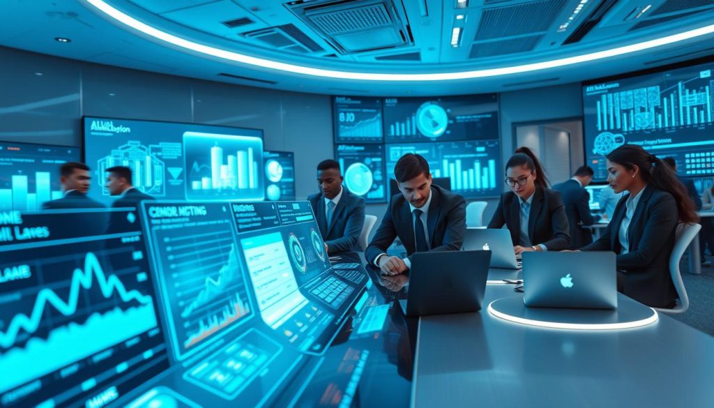A futuristic office space filled with advanced AI technology focusing on email marketing innovations. In the foreground, a sleek, modern digital interface showcasing dynamic graphs and AI-generated email templates, illustrating data analysis and automated content creation. In the middle, diverse professionals in business attire collaborating over laptops and digital displays, discussing email strategies. In the background, large screens with flowing data visualizations and holographic representations of AI algorithms focusing on customer engagement. Bright, ambient lighting enhances a high-tech atmosphere, with a slight blue hue for a professional yet innovative feel. Use a wide-angle perspective to capture the collaboration and technological integration. A futuristic office space filled with advanced AI technology focusing on email marketing innovations. In the foreground, a sleek, modern digital interface showcasing dynamic graphs and AI-generated email templates, illustrating data analysis and automated content creation. In the middle, diverse professionals in business attire collaborating over laptops and digital displays, discussing email strategies. In the background, large screens with flowing data visualizations and holographic representations of AI algorithms focusing on customer engagement. Bright, ambient lighting enhances a high-tech atmosphere, with a slight blue hue for a professional yet innovative feel. Use a wide-angle perspective to capture the collaboration and technological integration.