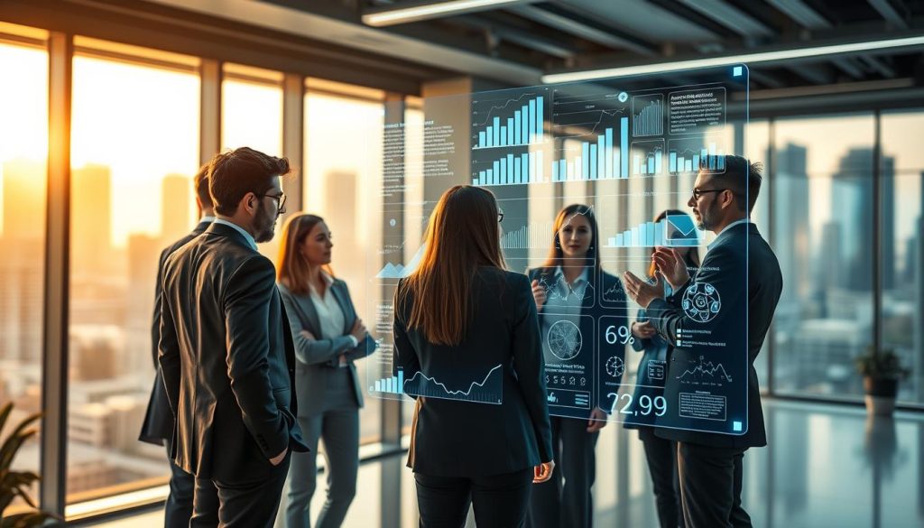 A futuristic office space showcasing AI-powered email optimization tools at work. In the foreground, a diverse group of professionals, dressed in sleek business attire, collaborate around a high-tech interactive screen displaying complex analytics and predictive trends for email campaigns. In the middle ground, holographic graphs and charts float above the screen, illuminating the faces of the engaged team. The background features large windows with a city skyline view, bathed in warm, natural light that enhances the innovative atmosphere of the workspace. The scene should convey a sense of collaboration, forward-thinking, and technological advancement, with a depth of field that draws focus to the team's analysis while softly blurring the cityscape. Aim for a polished and inspiring mood.