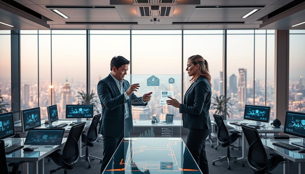 A futuristic office space showcasing advanced AI email marketing automation. In the foreground, a diverse group of business professionals—two men and a woman—collaborate around a holographic interface, analyzing data and automated email flows. They are dressed in smart casual attire, embodying innovation and professionalism. In the middle ground, sleek, modern workstations adorned with glowing screens display graphs and AI-driven insights, emphasizing the integration of technology and marketing strategies. The background features large windows with a panoramic view of a vibrant city skyline, hinting at a bright, tech-driven future. Soft, ambient lighting creates a sense of optimism and creativity, while the angle is slightly elevated, providing a comprehensive view of this dynamic environment.