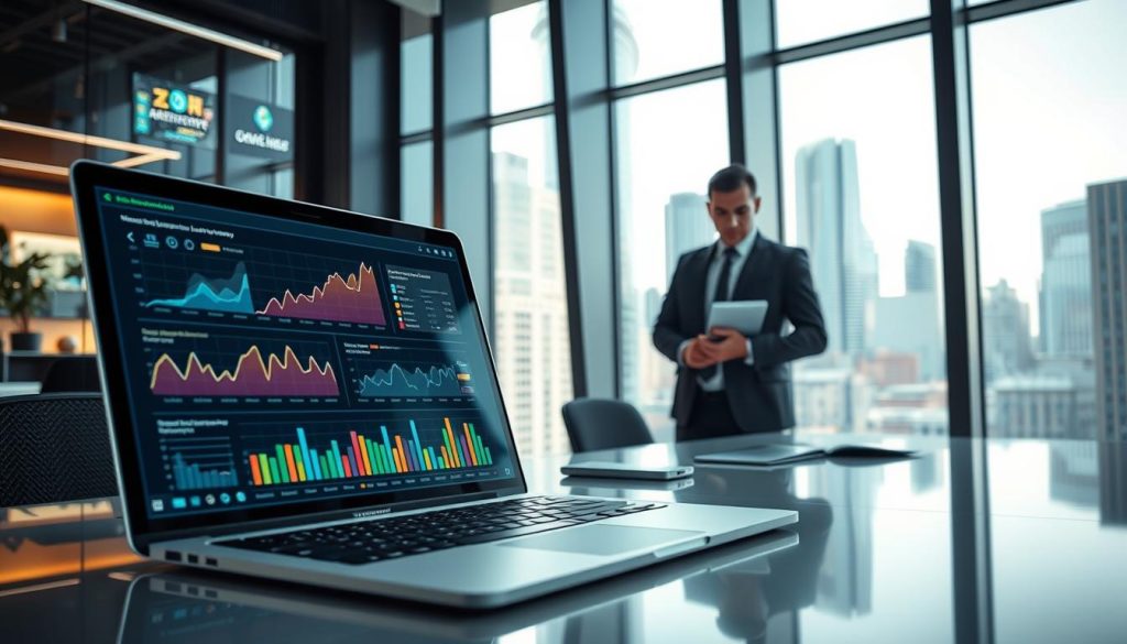 A futuristic office workspace showcasing the concept of machine learning algorithms for email campaigns. In the foreground, a sleek laptop screen displays vibrant, dynamic graphs and data analytics related to email engagement. The middle ground features a professional individual in business attire, deeply focused while interacting with the machine learning interface. In the background, a large window reveals a city skyline with advanced technology elements, such as digital billboards and smart devices, subtly integrated. Soft natural light illuminates the scene, creating a productive atmosphere with a hint of innovation. The image emphasizes a modern, high-tech approach to email marketing, capturing the essence of adaptive algorithms at work.