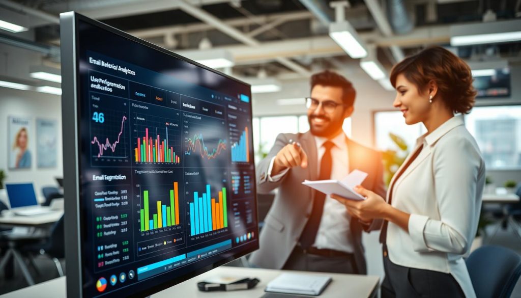 A high-tech, AI-driven email segmentation and behavioral analytics dashboard displayed on a sleek, modern computer screen. The foreground features a close-up of the dashboard with colorful graphs, metrics, and user behavior analytics, showcasing email performance indicators. In the middle ground, a diverse team of two professionals in business attire analyzes the data; one is pointing at a key metric while the other takes notes. The background contains an open office environment with soft-focus elements like desks, plants, and posters of digital marketing strategies, creating a dynamic atmosphere. The lighting is bright and inviting, with a slight glare reflecting off the glass screen, emphasizing innovation and teamwork. The overall mood is focused and productive, highlighting the intersection of technology and marketing insights. A high-tech, AI-driven email segmentation and behavioral analytics dashboard displayed on a sleek, modern computer screen. The foreground features a close-up of the dashboard with colorful graphs, metrics, and user behavior analytics, showcasing email performance indicators. In the middle ground, a diverse team of two professionals in business attire analyzes the data; one is pointing at a key metric while the other takes notes. The background contains an open office environment with soft-focus elements like desks, plants, and posters of digital marketing strategies, creating a dynamic atmosphere. The lighting is bright and inviting, with a slight glare reflecting off the glass screen, emphasizing innovation and teamwork. The overall mood is focused and productive, highlighting the intersection of technology and marketing insights.