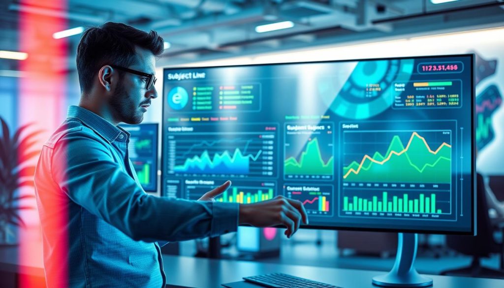 A high-tech dashboard designed for optimizing email subject lines using machine learning algorithms. In the foreground, vibrant graphs and charts display analytics, highlighting subject line performance metrics with visual indicators like arrows and color gradients. The middle ground features sleek digital interfaces, including dropdown menus and data inputs, set against a backdrop of a futuristic workplace with soft blue and green ambient lighting. A professional in modest casual attire interacts with the dashboard, focused and engaged, capturing the essence of analytical work. The background shows a modern office environment with abstract tech-inspired artwork, creating an atmosphere of innovation and productivity. The overall mood is dynamic and inspiring, emphasizing the potential of AI in improving email open rates.