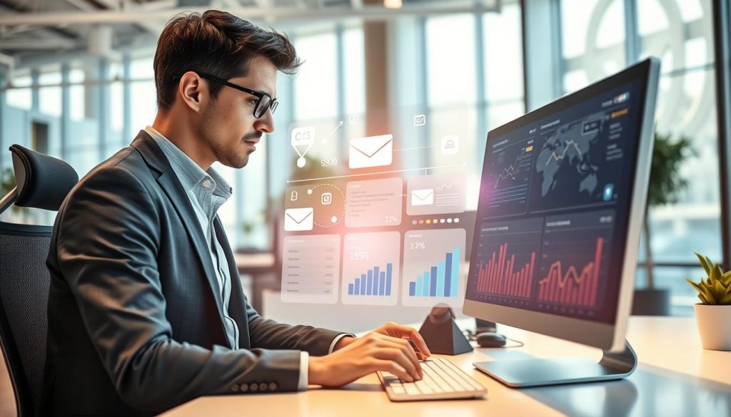 A high-tech office environment centered around a sleek workstation. In the foreground, a focused business professional in smart casual attire analyzes data on a computer screen displaying predictive analytics charts and graphs related to email marketing. In the middle, visual elements like email icons, engagement metrics, and data flows dynamically emerge, showcasing the interaction between predictive analytics and customer engagement. The background features a modern, airy office with large windows letting in natural light, reflecting a collaborative atmosphere. Soft, warm lighting enhances the professionalism of the scene, giving it an optimistic glow. The angle captures both the subject and the vibrant performance data, emphasizing the relationship between AI and email ROI. A high-tech office environment centered around a sleek workstation. In the foreground, a focused business professional in smart casual attire analyzes data on a computer screen displaying predictive analytics charts and graphs related to email marketing. In the middle, visual elements like email icons, engagement metrics, and data flows dynamically emerge, showcasing the interaction between predictive analytics and customer engagement. The background features a modern, airy office with large windows letting in natural light, reflecting a collaborative atmosphere. Soft, warm lighting enhances the professionalism of the scene, giving it an optimistic glow. The angle captures both the subject and the vibrant performance data, emphasizing the relationship between AI and email ROI.