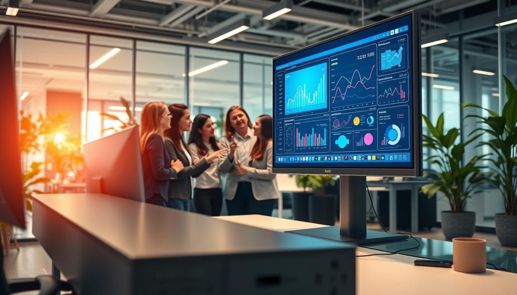 A high-tech office environment featuring a sleek computer workstation in the foreground, where an AI algorithm interface is displayed on a large screen analyzing contextual email data. The screen shows various colorful graphs, charts, and data points flowing dynamically. In the middle ground, a diverse group of professionals wearing business attire engage in discussion, pointing at the screen and exchanging ideas, indicating collaboration and innovation. The background reveals a modern office with glass walls and green plants, bathed in warm, natural light to create an inviting atmosphere. Use a wide-angle lens perspective to emphasize the interaction between the team and the technology, capturing a sense of forward-thinking and productivity. The overall mood should feel optimistic and focused, embodying the essence of AI-driven personalization in email communications. A high-tech office environment featuring a sleek computer workstation in the foreground, where an AI algorithm interface is displayed on a large screen analyzing contextual email data. The screen shows various colorful graphs, charts, and data points flowing dynamically. In the middle ground, a diverse group of professionals wearing business attire engage in discussion, pointing at the screen and exchanging ideas, indicating collaboration and innovation. The background reveals a modern office with glass walls and green plants, bathed in warm, natural light to create an inviting atmosphere. Use a wide-angle lens perspective to emphasize the interaction between the team and the technology, capturing a sense of forward-thinking and productivity. The overall mood should feel optimistic and focused, embodying the essence of AI-driven personalization in email communications.