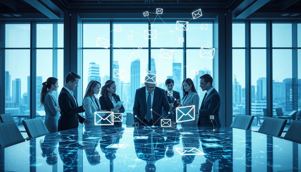 A high-tech visualization of artificial intelligence in email marketing campaigns, featuring a futuristic office environment. In the foreground, a diverse group of professionals in business attire collaborate around a sleek conference table, analyzing graphs and charts displayed on holographic screens. In the middle, intricate digital data flows, like streams of light, connect email icons, suggesting seamless communication. The background showcases a modern city skyline through large windows, illuminated by soft, ambient lighting. Soft blue and green hues dominate the color palette, enhancing a sense of innovation and expertise. The atmosphere is focused and forward-thinking, reflecting the transformative impact of AI on marketing strategies. The angle captures a dynamic view of teamwork and technology in action.