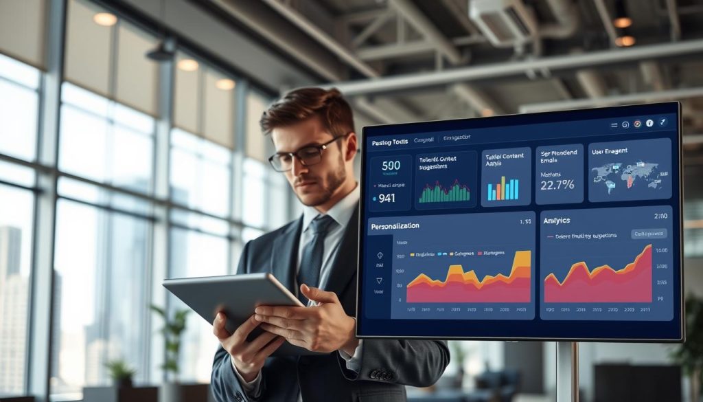 A modern AI email automation tools dashboard displayed prominently in the foreground, featuring vibrant graphs and personalized email metrics. The dashboard showcases various personalization features like recipient name integration, tailored content suggestions, and user engagement analytics. In the middle ground, a professional individual in business attire is analyzing the dashboard, using a sleek tablet, reflecting concentration and engagement. The background is an elegantly designed office space with soft lighting, large windows overlooking a cityscape, creating a bright and inspiring atmosphere. The scene is captured with a slight angle to emphasize both the dashboard and the individual, fostering a sense of innovation and professionalism. The overall mood is focused and tech-savvy, highlighting the advancements in email personalization through AI tools.
