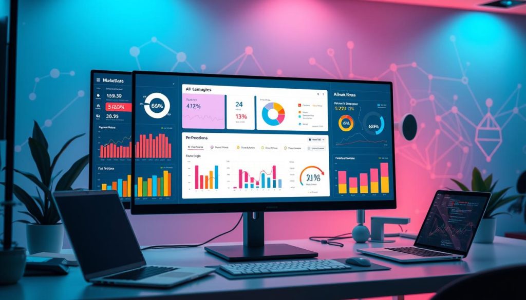 A modern AI marketing email campaigns dashboard, showcasing various performance metrics in vibrant colors. In the foreground, a sleek monitor displays graphs, charts, and analytics representing open rates, click-through rates, and conversion statistics. The middle ground includes a well-organized workspace with a laptop and digital tools, emphasizing a professional environment. The background features abstract patterns symbolizing data flow and AI integration, with soft, ambient lighting that creates an innovative atmosphere. The scene is viewed from a slightly elevated angle, giving an overview of the dashboard while maintaining focus on the details. The mood is dynamic and forward-thinking, ideal for illustrating the impact of AI in marketing. A modern AI marketing email campaigns dashboard, showcasing various performance metrics in vibrant colors. In the foreground, a sleek monitor displays graphs, charts, and analytics representing open rates, click-through rates, and conversion statistics. The middle ground includes a well-organized workspace with a laptop and digital tools, emphasizing a professional environment. The background features abstract patterns symbolizing data flow and AI integration, with soft, ambient lighting that creates an innovative atmosphere. The scene is viewed from a slightly elevated angle, giving an overview of the dashboard while maintaining focus on the details. The mood is dynamic and forward-thinking, ideal for illustrating the impact of AI in marketing.