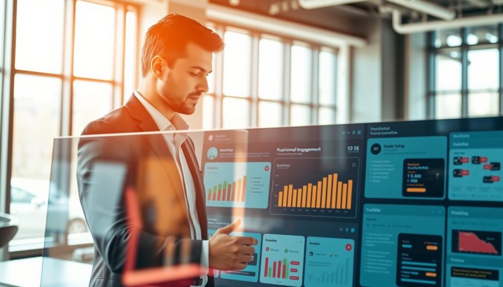 A modern AI-powered email personalization dashboard is depicted in the foreground, showcasing a sleek, interactive user interface filled with dynamic content blocks. Vivid graphs and analytics visuals highlight customer engagement metrics, while personalized email templates adjust in real-time. In the middle, a professional individual, dressed in business attire, interacts thoughtfully with the dashboard, with a slight reflection of their figure visible on the screen, merging human insight with technology. The background features a contemporary office space, illuminated by soft, natural light filtering through large windows, creating a productive and innovative atmosphere. The composition is captured with a wide-angle lens to emphasize the dashboard's details, enhancing the sense of depth, while the overall mood conveys a sense of forward-thinking and collaboration in email marketing. A modern AI-powered email personalization dashboard is depicted in the foreground, showcasing a sleek, interactive user interface filled with dynamic content blocks. Vivid graphs and analytics visuals highlight customer engagement metrics, while personalized email templates adjust in real-time. In the middle, a professional individual, dressed in business attire, interacts thoughtfully with the dashboard, with a slight reflection of their figure visible on the screen, merging human insight with technology. The background features a contemporary office space, illuminated by soft, natural light filtering through large windows, creating a productive and innovative atmosphere. The composition is captured with a wide-angle lens to emphasize the dashboard's details, enhancing the sense of depth, while the overall mood conveys a sense of forward-thinking and collaboration in email marketing.