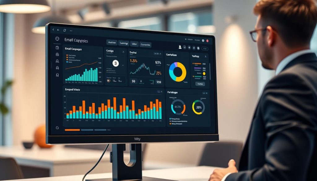 A modern data-driven email copywriting analytics dashboard displayed on a sleek computer monitor. In the foreground, vibrant visualizations like bar graphs and pie charts illustrate campaign performance metrics such as open rates, click-through rates, and engagement levels. The middle section features a user interface with intuitive filters and digital sliders, enabling real-time analysis. The background includes a blurred office environment with soft, ambient lighting, creating a focused atmosphere. A professional businessperson, dressed in smart attire, is analyzing the data, deep in thought. The angle captures the monitor's screen clearly, while highlighting the professional setting. The overall mood is analytical and inspired, conveying a sense of innovation in email marketing optimization.
