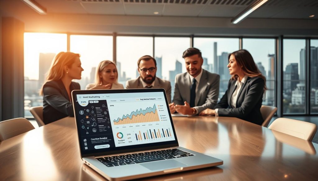 A modern office environment featuring a diverse group of professionals engaged in discussion around a table. Foreground: a high-tech laptop displaying graphical representations of email marketing analytics, with AI elements like neural networks in the background. Middle: team members, dressed in professional business attire, appear focused and collaborative, analyzing data trends and case studies. Background: large windows offering natural light, showcasing a vibrant city skyline that suggests innovation and growth. Soft, warm lighting creates a positive atmosphere, emphasizing teamwork and forward-thinking. The image encapsulates the intersection of AI technology and effective email marketing strategies, reflecting real-world case studies impacting unsubscribe rates.