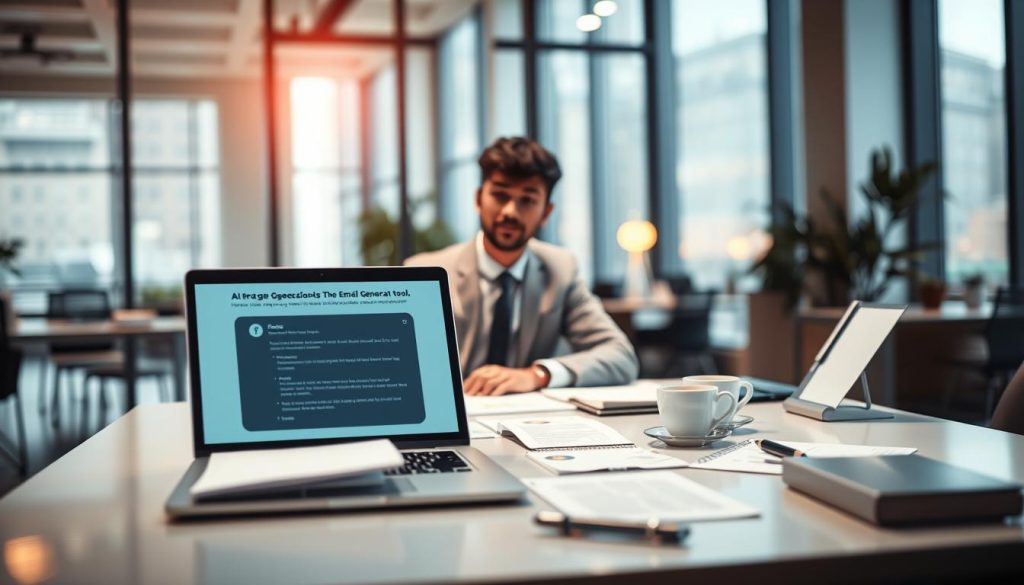 A modern office environment featuring a professional individual, dressed in smart business attire, sitting at a sleek desk with a laptop open in front of them. The foreground showcases a glowing laptop screen displaying an AI email generation tool interface with visual elements such as prompts and suggestions. In the middle, there are various materials scattered around, like note pads, coffee cups, and a pen, symbolizing brainstorming and collaboration. The background reveals a stylish office with large windows allowing soft, natural light to fill the space, creating a warm and productive atmosphere. The mood is focused and innovative, representing the synergy of human creativity and AI technology in the email writing process. Use a realistic lens effect to highlight the subject while softly blurring the background for depth.