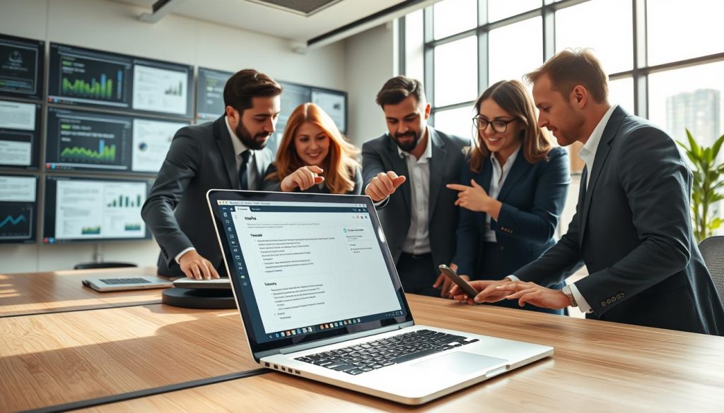 A modern office environment featuring a stylish desk with a sleek laptop open, displaying an interface of an AI email writing tool. In the foreground, a diverse group of professional individuals in business attire collaborates around the laptop, pointing at the screen, and discussing ideas. One person is typing data inputs, while another is analyzing the output generated by the tool. The middle ground showcases various digital screens with graphs and email templates, providing a sense of workflow. In the background, a large window lets in natural light, creating a bright, productive atmosphere. Use a wide-angle lens for a dynamic perspective, capturing the team’s collaborative energy and the advanced technology surrounding them. The overall mood is focused and innovative, reflecting the process of AI email generation.