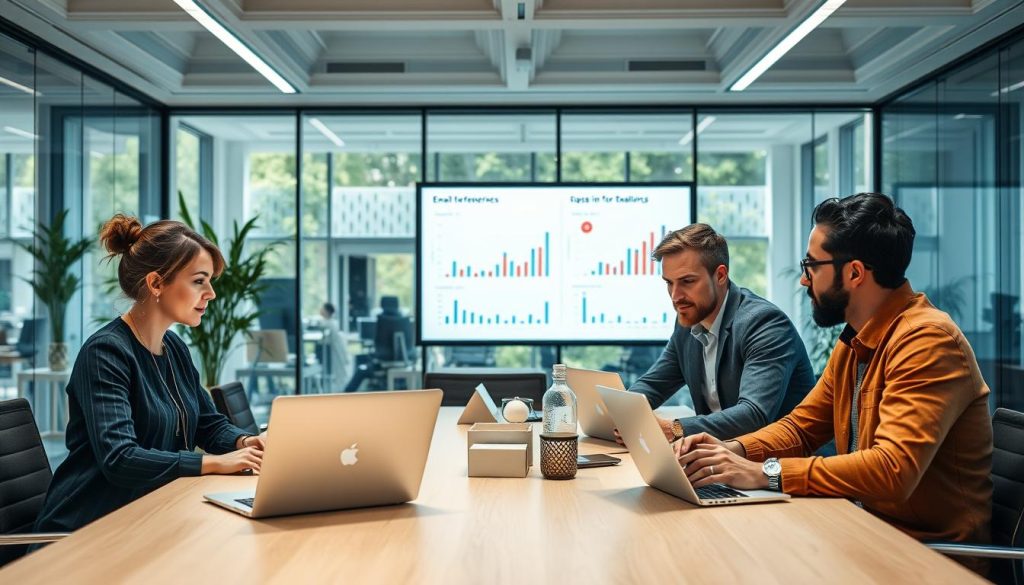 A modern office environment filled with professionals engaged in analyzing customer behavior for email personalization. In the foreground, a diverse group of three individuals—one woman and two men—are gathered around a large table, examining data on laptops and discussing insights. The middle layer showcases charts and graphs projected on a screen, illustrating trends in customer preferences and engagement metrics. The background reveals a sleek, glass-walled office with greenery, natural light streaming in, creating a bright and inviting atmosphere. The overall mood is focused and collaborative, portraying a sense of innovation and strategic planning. Use soft, warm lighting to enhance the professional yet approachable feel of the scene.