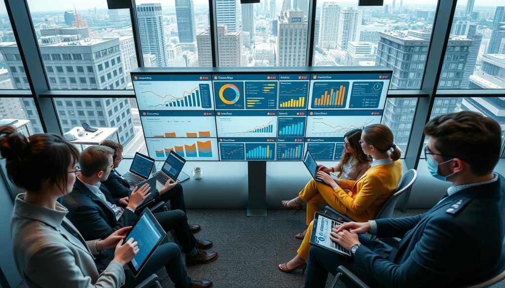 A modern office environment illustrating customer behavior analytics in email marketing. In the foreground, a diverse group of professionals, dressed in smart business attire, analyze data on sleek laptops and tablets, showcasing graphs and charts on their screens. In the middle, a wall of digital dashboards displays real-time analytics such as open rates, click-through rates, and customer segmentation data, with colorful visualizations and data points highlighted. In the background, large windows offer a view of a bustling cityscape, with natural light flooding the room, creating an engaging and energetic atmosphere. The overall mood is focused and innovative, emphasizing the importance of data-driven decisions in marketing strategies. Use a high-angle perspective to capture the vibrant scene. A modern office environment illustrating customer behavior analytics in email marketing. In the foreground, a diverse group of professionals, dressed in smart business attire, analyze data on sleek laptops and tablets, showcasing graphs and charts on their screens. In the middle, a wall of digital dashboards displays real-time analytics such as open rates, click-through rates, and customer segmentation data, with colorful visualizations and data points highlighted. In the background, large windows offer a view of a bustling cityscape, with natural light flooding the room, creating an engaging and energetic atmosphere. The overall mood is focused and innovative, emphasizing the importance of data-driven decisions in marketing strategies. Use a high-angle perspective to capture the vibrant scene.